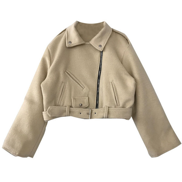 Jachetă scurtă de iarnă modernă de damă cu curea și fermoar în bej și gri
