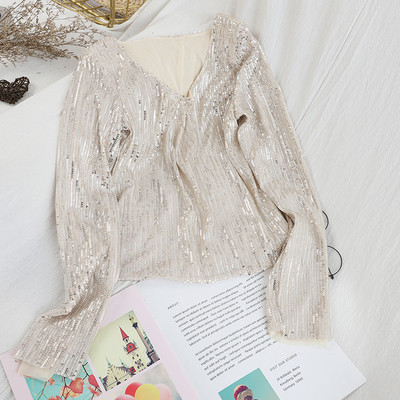 Bluză de damă modernă în trei culori cu paiete și decolteu în V