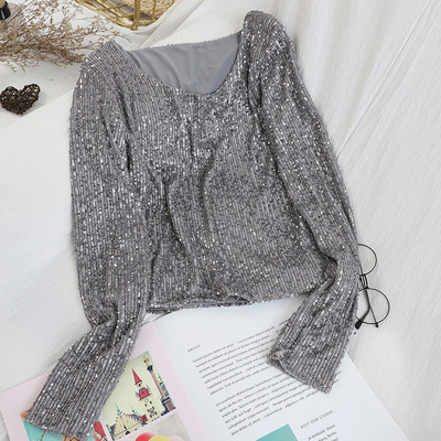 Bluză de damă modernă în trei culori cu paiete și decolteu în V