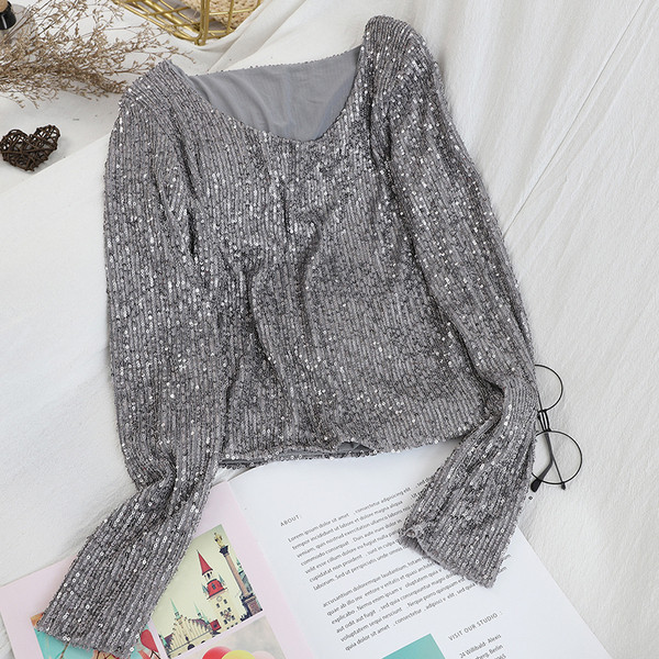 Bluză de damă modernă în trei culori cu paiete și decolteu în V