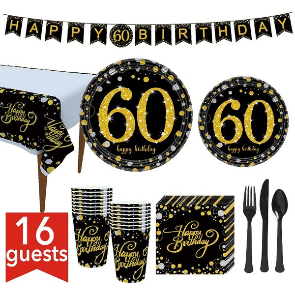 Set pentru ziua de naștere care include banner, farfurii, căni, șervețele, furculițe, cuțite, linguri și față de masă