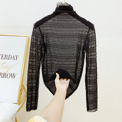 Cămașă modernă de șifon de damă cu guler înalt în alb, negru și bej