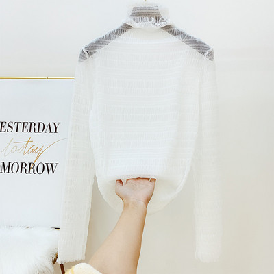 Cămașă modernă de șifon de damă cu guler înalt în alb, negru și bej