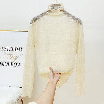 Cămașă modernă de șifon de damă cu guler înalt în alb, negru și bej