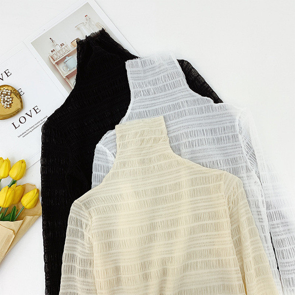 Cămașă modernă de șifon de damă cu guler înalt în alb, negru și bej