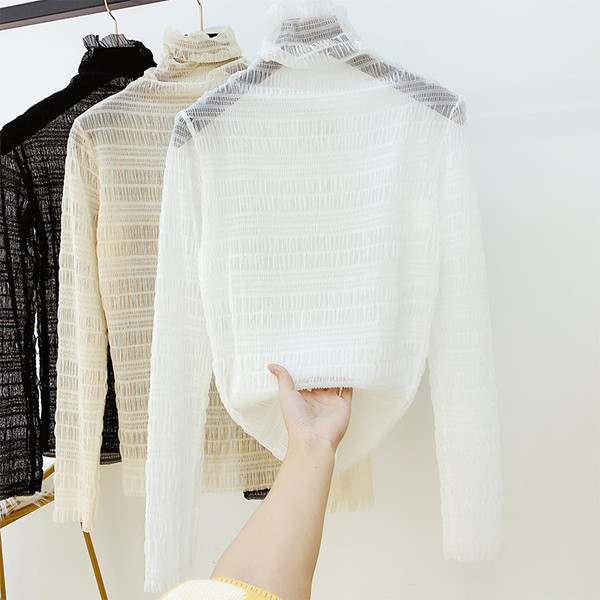 Cămașă modernă de șifon de damă cu guler înalt în alb, negru și bej