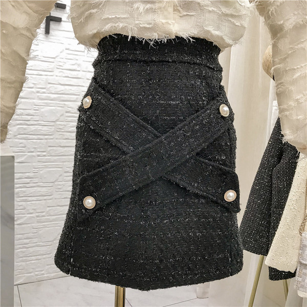 Fusta de dama moderna cu nasturi - talie inalta in negru si albastru