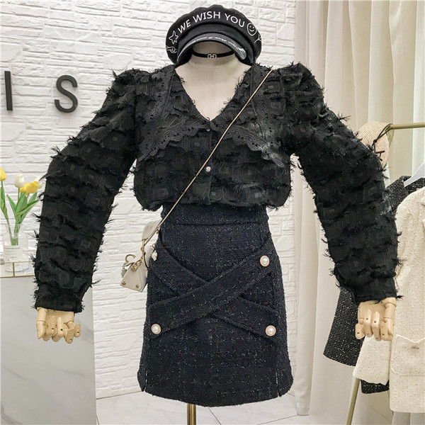 Fusta de dama moderna cu nasturi - talie inalta in negru si albastru