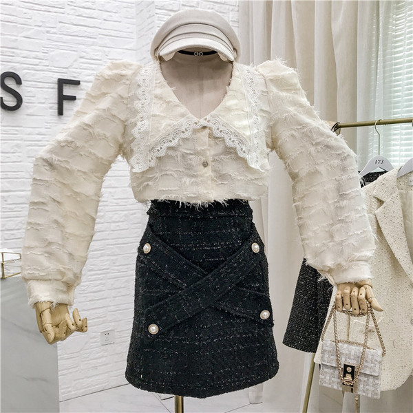 Fusta de dama moderna cu nasturi - talie inalta in negru si albastru