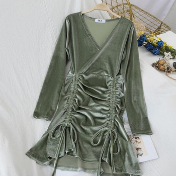 Γυναικείο βελούδινο φόρεμα με V-neck και κορδόνια
