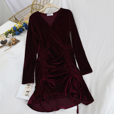 Rochie de dama din catifea cu cravate si decolteu in V