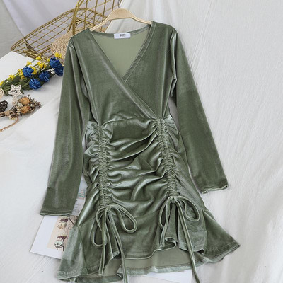 Rochie de dama din catifea cu cravate si decolteu in V