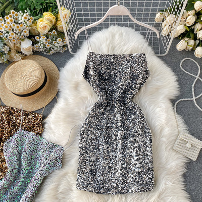 HIT Rochie formala de dama cu paiete si bretele subtiri auriu si argintiu