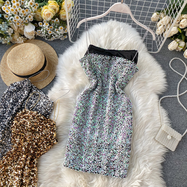 HIT Rochie formala de dama cu paiete si bretele subtiri auriu si argintiu