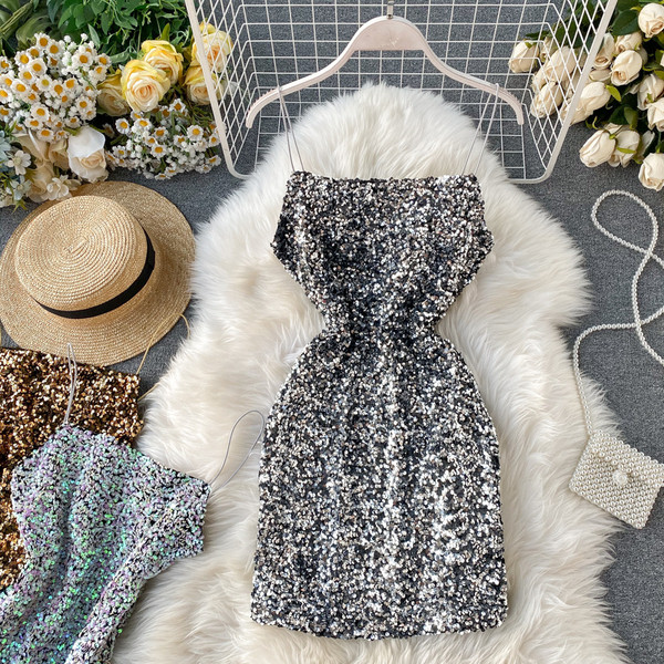 HIT Rochie formala de dama cu paiete si bretele subtiri auriu si argintiu