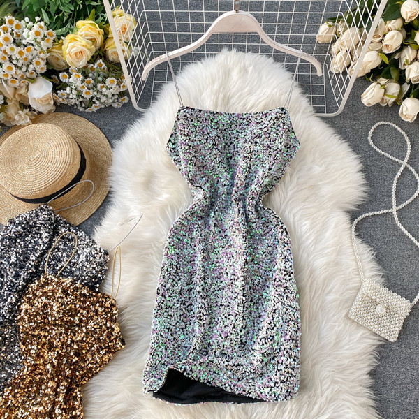 HIT Rochie formala de dama cu paiete si bretele subtiri auriu si argintiu