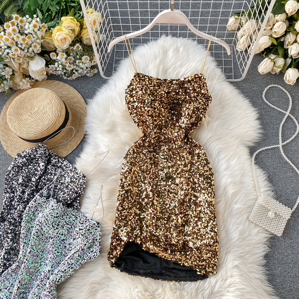 HIT Rochie formala de dama cu paiete si bretele subtiri auriu si argintiu