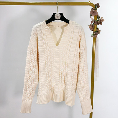 Pulover gros de dama cu decolteu spitz in galben, roz, verde si alb