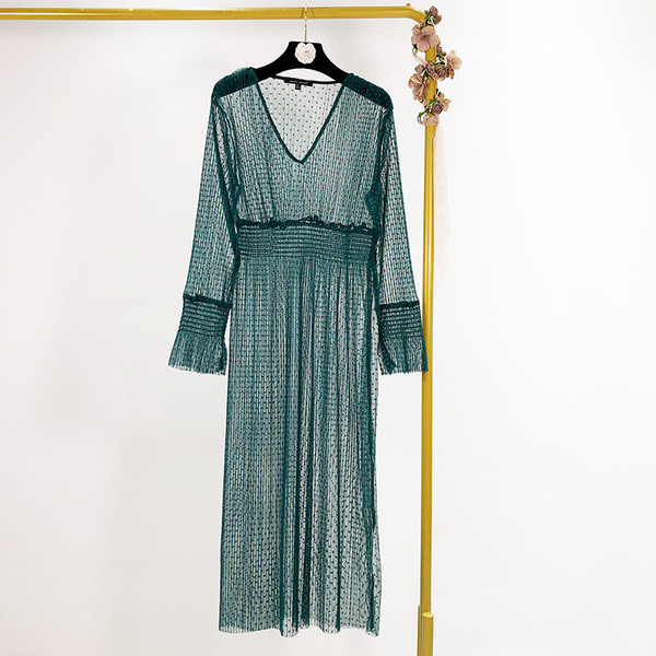 Rochie de dama moderna, lunga, din doua piese, cu decolteu in V, de culoare verde