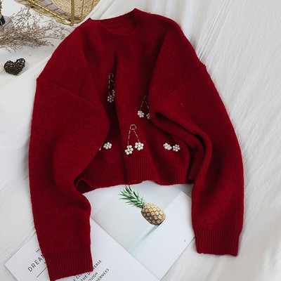 Pulover casual de dama cu margele si decolteu oval in cinci culori