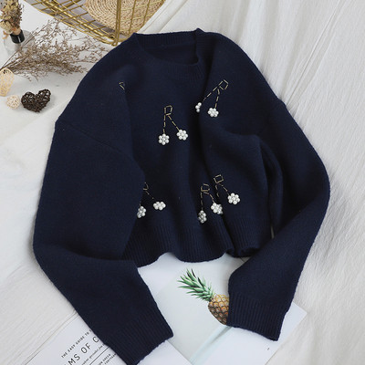 Pulover casual de dama cu margele si decolteu oval in cinci culori