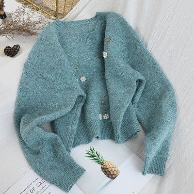 Pulover casual de dama cu margele si decolteu oval in cinci culori