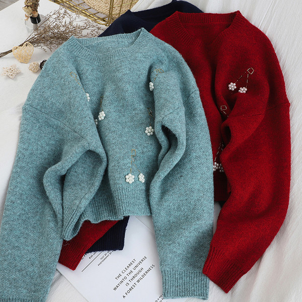 Pulover casual de dama cu margele si decolteu oval in cinci culori