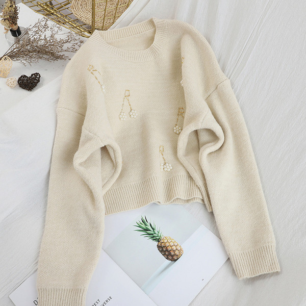 Pulover casual de dama cu margele si decolteu oval in cinci culori