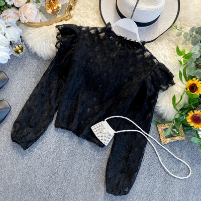 Cămașă de damă din dantelă cu bucle și guler jos în patru culori