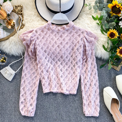 Cămașă de damă din dantelă cu bucle și guler jos în patru culori