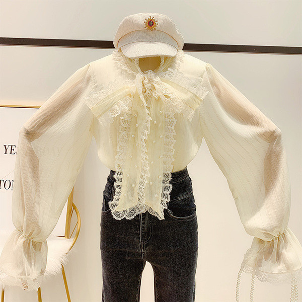 Camasa de dama eleganta din sifon cu dantela si guler cu panglica si perle