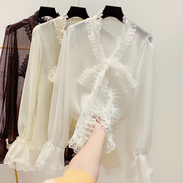 Camasa de dama eleganta din sifon cu dantela si guler cu panglica si perle