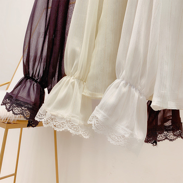 Camasa de dama eleganta din sifon cu dantela si guler cu panglica si perle