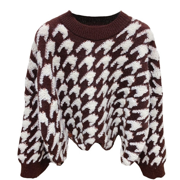 Pulover moale de damă în maro și negru, cu decolteu oval