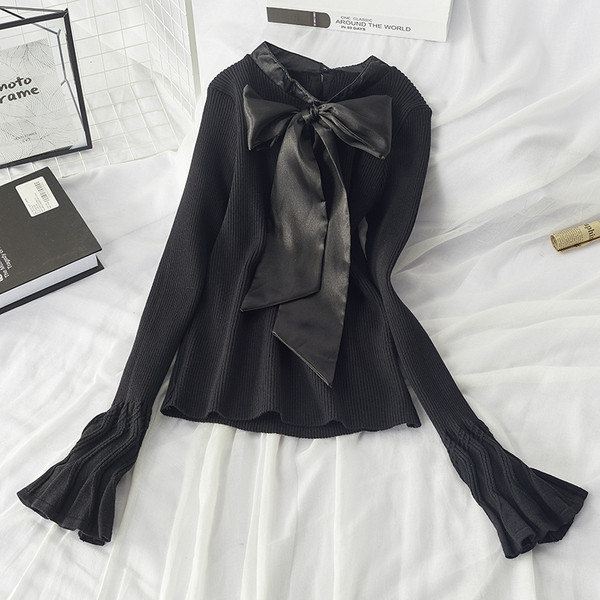 Bluză de toamnă modernă de damă cu panglică la guler și mâneci lotus