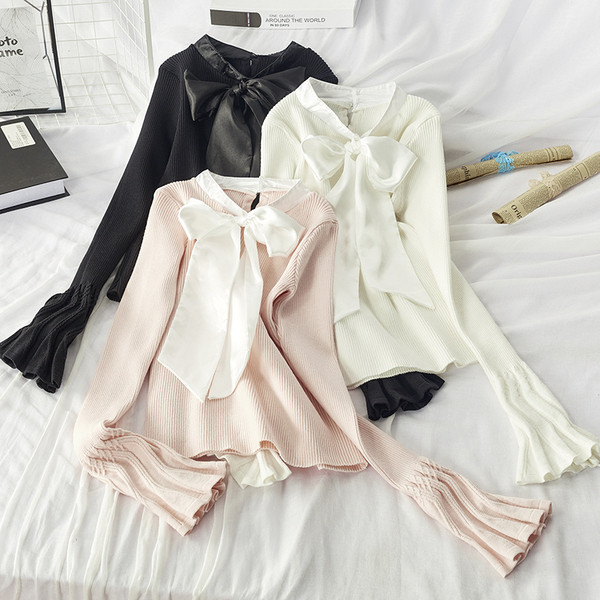 Bluză de toamnă modernă de damă cu panglică la guler și mâneci lotus