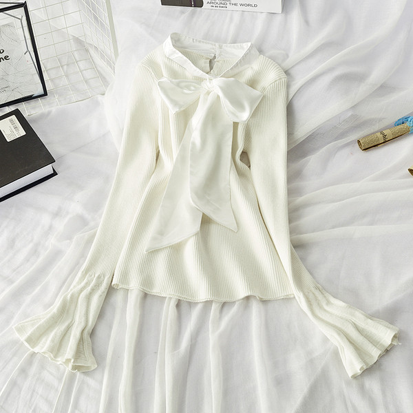 Bluză de toamnă modernă de damă cu panglică la guler și mâneci lotus