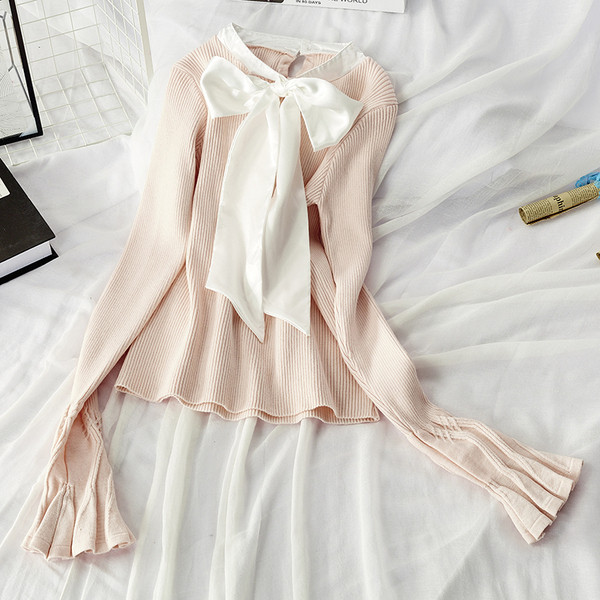 Bluză de toamnă modernă de damă cu panglică la guler și mâneci lotus