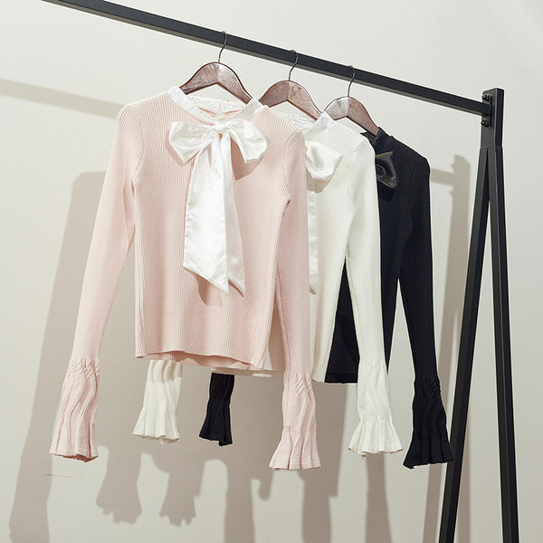 Bluză de toamnă modernă de damă cu panglică la guler și mâneci lotus