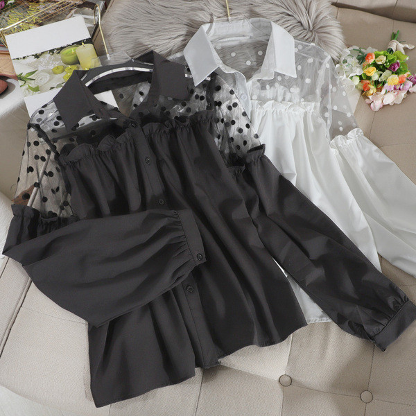 Cămașă modernă de damă cu element de plasă și guler clasic în alb și negru