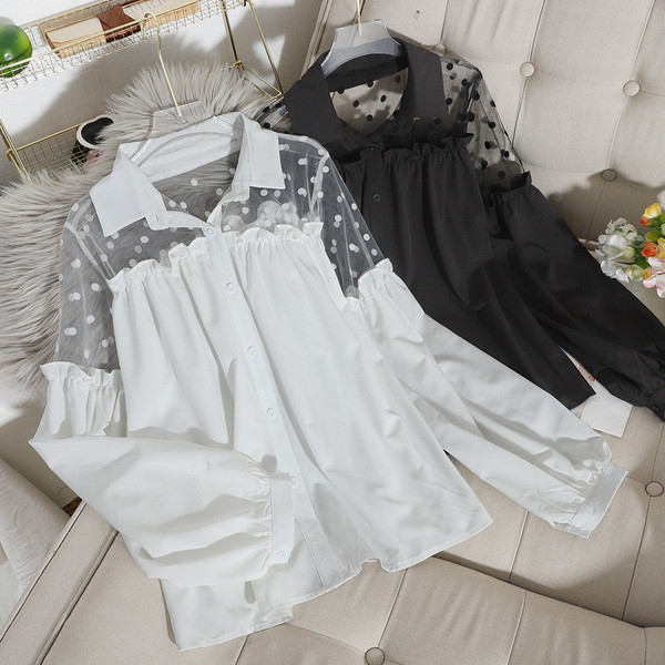 Cămașă modernă de damă cu element de plasă și guler clasic în alb și negru