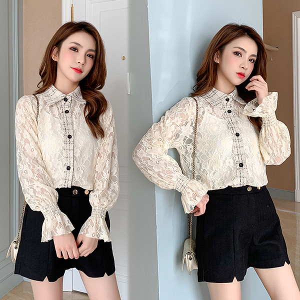 Cămașă de damă modernă din dantelă cu guler clasic în carouri, mânecă lotus și nasturi în bej