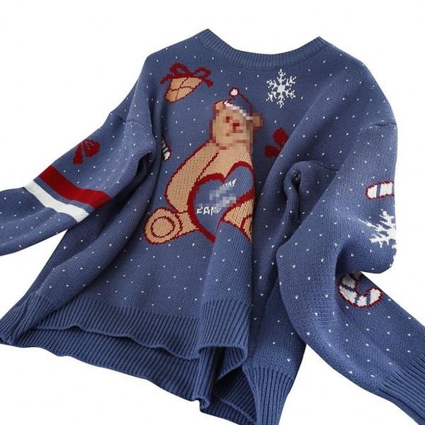 Pulover de dama de Craciun cu urs in rosu si albastru