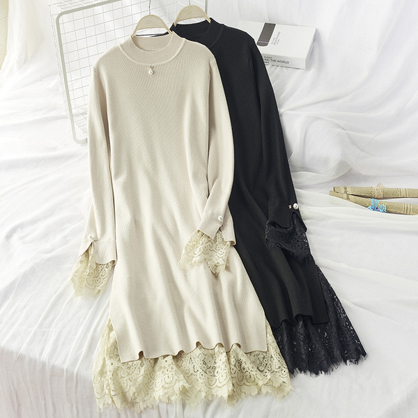 Rochie de toamna de dama cu dantela pe maneci in alb-negru