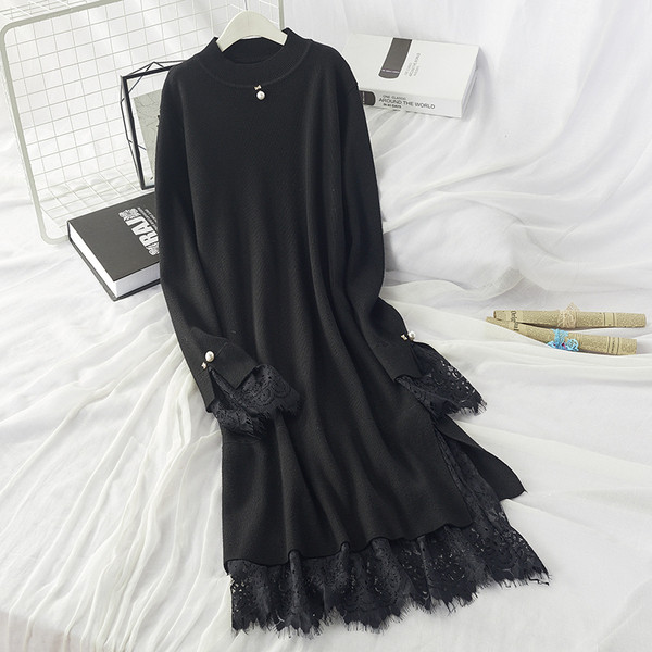 Rochie de toamna de dama cu dantela pe maneci in alb-negru