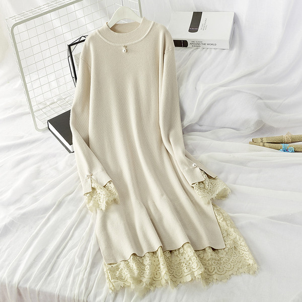 Rochie de toamna de dama cu dantela pe maneci in alb-negru