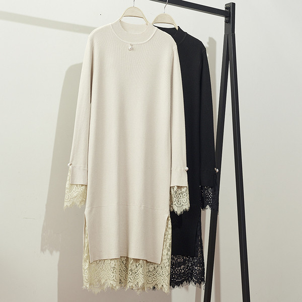 Rochie de toamna de dama cu dantela pe maneci in alb-negru