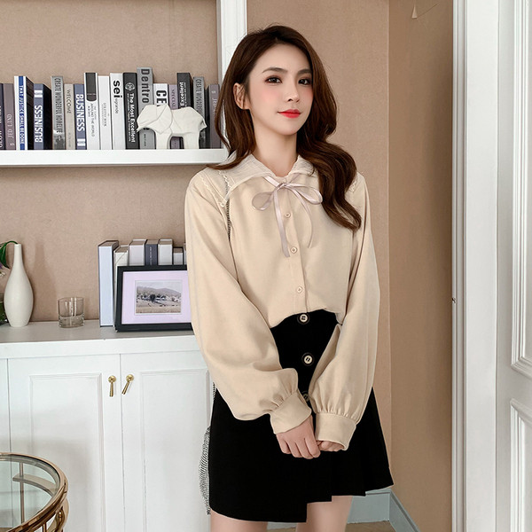 Camasa de dama model nou cu guler clasic din tul si cravate in maro si bej