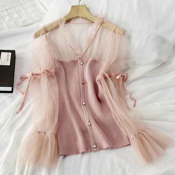 Bluză de damă cu mâneci din tul și cravate în roz, alb și negru