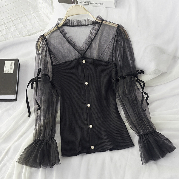 Bluză de damă cu mâneci din tul și cravate în roz, alb și negru